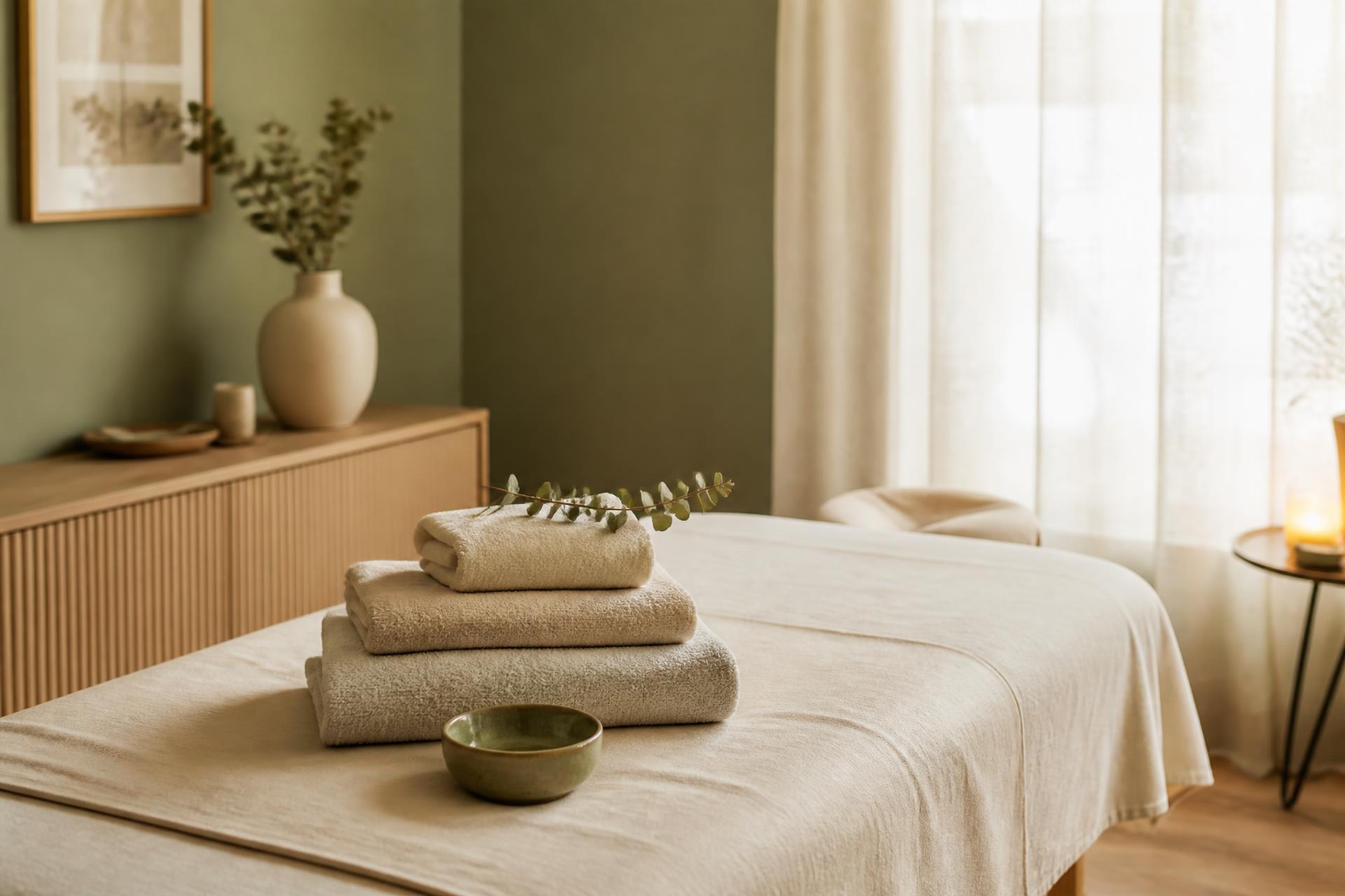 Lugnt behandlingsrum med massagebänk, handdukar och eukalyptus